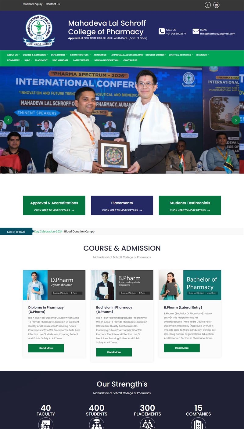 Mahadeva Lal Schroff College of Pharmacy website designed by Winsetinfo